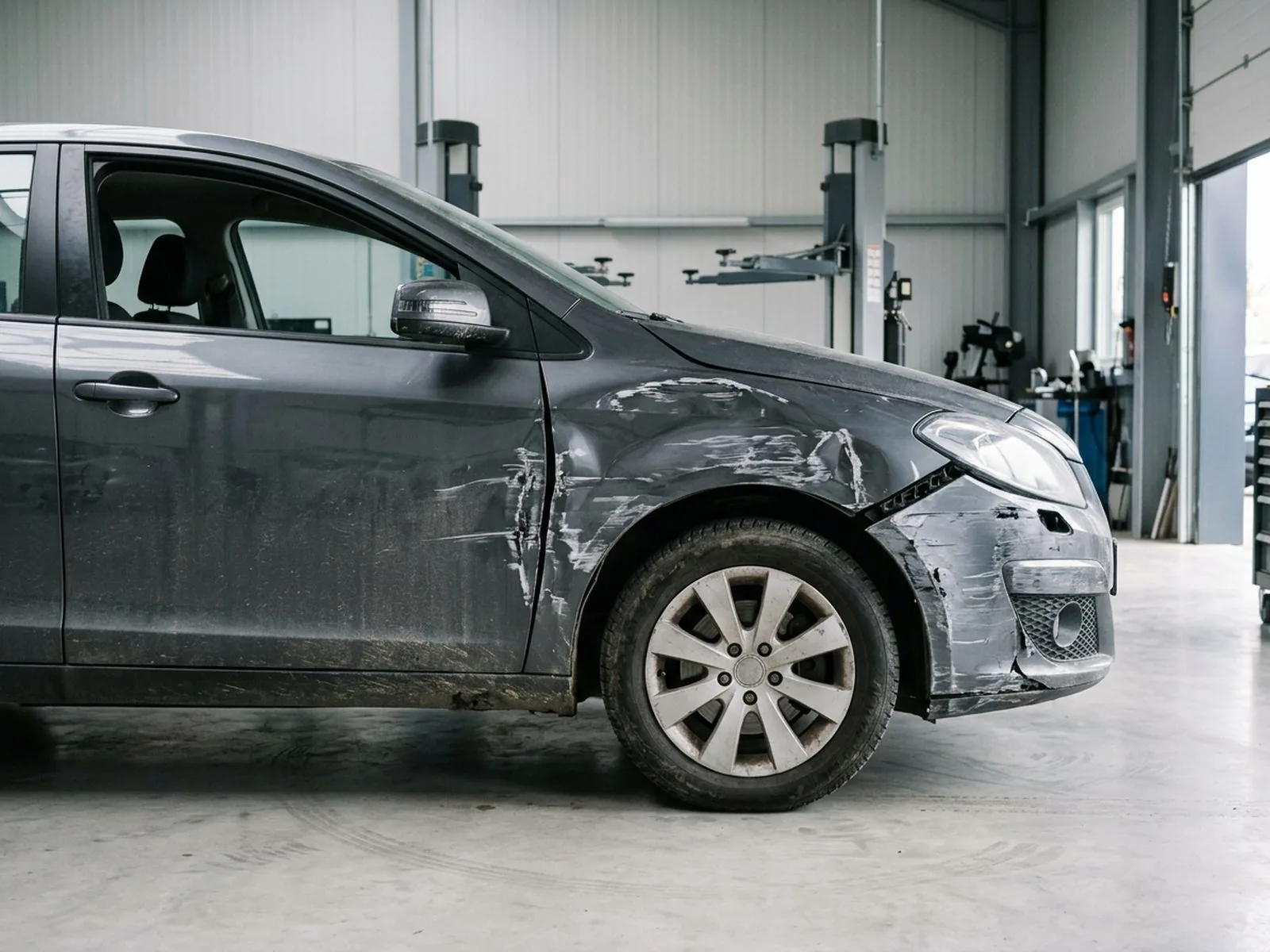 Aile avant droite d'une voiture gris foncé, cabossée et rayée, avant réparation, dans la halle.